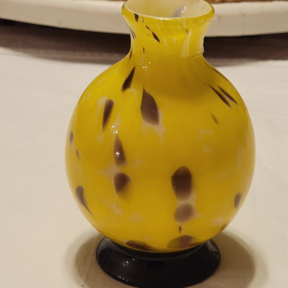 MCM Hand Blown Glass Vase Yellow Brown 4.6" x 2.5" Round Lemon Kitchen